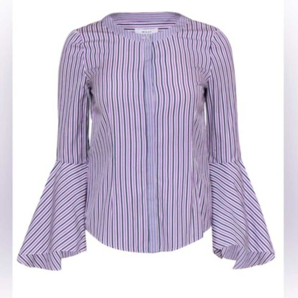 MILLY Lavender and Navy Striped Bell Sleeve Blouse Sz 2